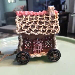 Whimsical Brown and Pink Gingerbread House Ornament